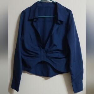 Long sleeves open front two button blouse  XL blue 100%cotton